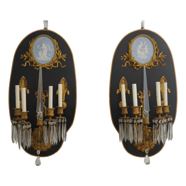 Vintage French Neoclassical Bronze Mounted Light Wall Sconces - Pair For Sale
