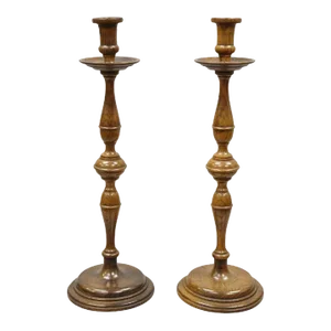 Vintage Italian Renaissance Jacobean Turn Carved Oak Wood Candlesticks- a Pair