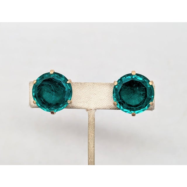 1950s Vintage 1950s Signed Crown Trifari Round Flawed Faux-Emerald Clip Earrings-2 Pieces For Sale - Image 5 of 11
