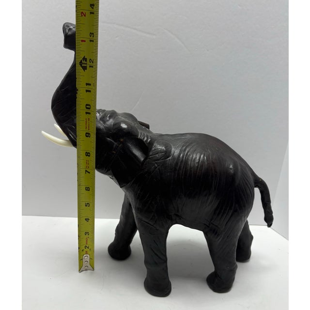 Animal Skin Vintage Leather Elephant Figurine Large Black Trunk Up Good Luck Decor Boho Safari Mid Century For Sale - Image 7 of 10