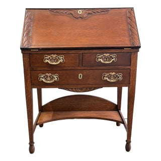 Antique Victorian Slant Front Carved Secretary For Sale