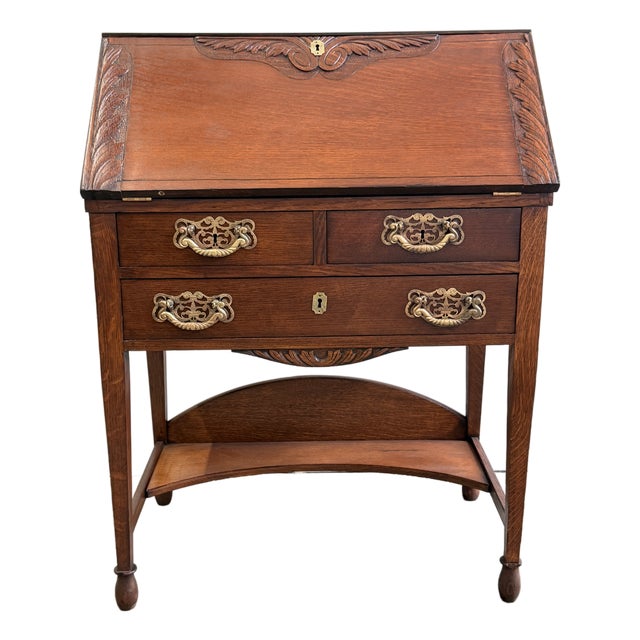 Antique Victorian Slant Front Carved Secretary For Sale