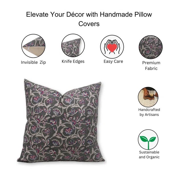 Army Green Fabdivine Decorative Thick Linen Cushion Cover 14x14 Inch Block Printed Home Accent- Saraswati For Sale - Image 8 of 8