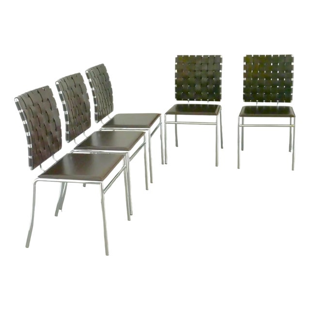 Leather and Chrome Dining Room Chairs, Set of 5 For Sale