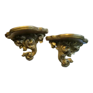 1920's Rococo Form Hand Carved Gold Wood/ Gesso Wall Display Shelves/ Wall Brackets - Old Mexico a - Pair Mexico