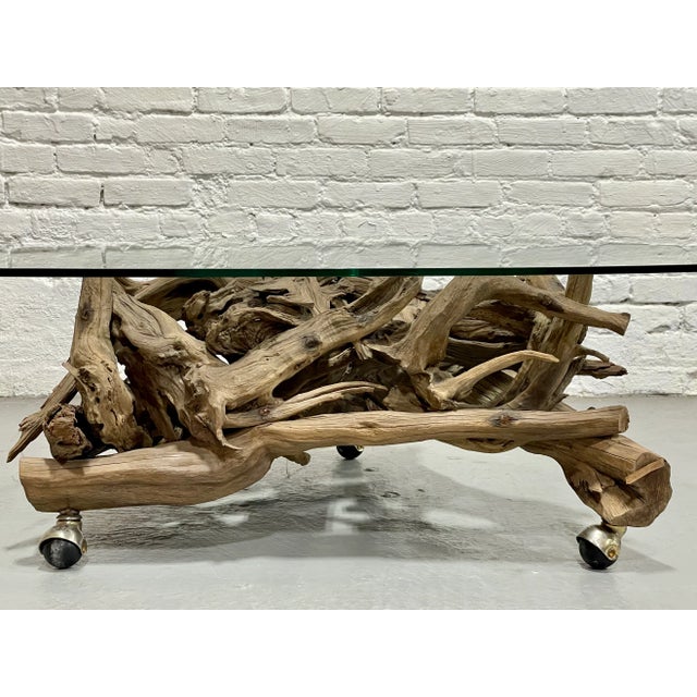Mid Century Modern Driftwood + Glass Coffee Table | Organic Modern Cocktail Table Castors For Sale - Image 10 of 14