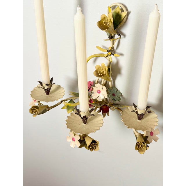 Vintage Floral Three-Candle Toleware Sconce For Sale In New Orleans - Image 6 of 9