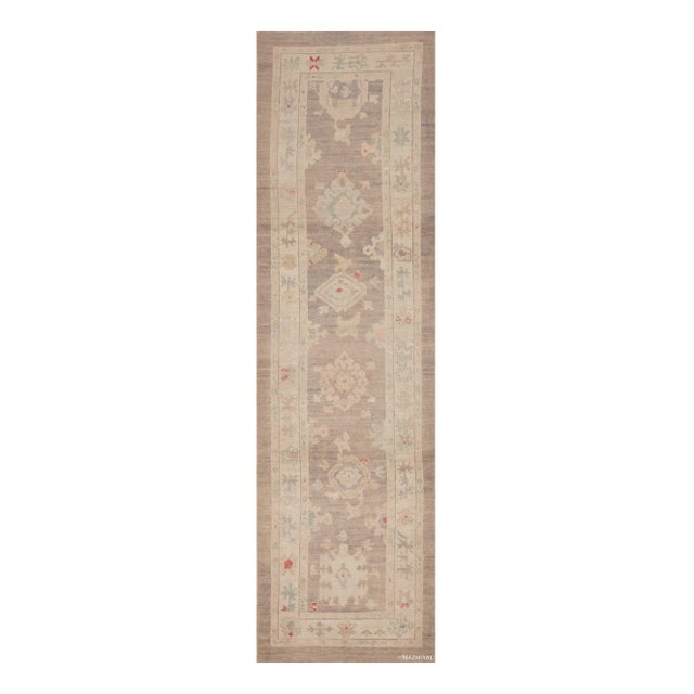 Soft Light Gray Pastel Color Tribal Geometric Turkish Oushak Design Modern Hallway Runner Rug For Sale