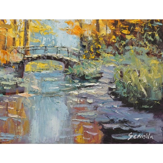 Impressionist Original Oil Painting, a Stream and a Wooden Bridge in the Autumn Woods. For Sale - Image 3 of 5
