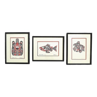 Set of 3 Bill Reid Haida Prints Signed & Framed 1970s Beaver, Salmon, and Raven For Sale