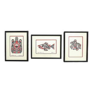 Set of 3 Bill Reid Haida Prints Signed & Framed 1970s Beaver, Salmon, and Raven
