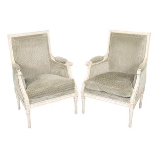 Pair Creme Distressed Painted French Louis XVI Bergere Chairs For Sale