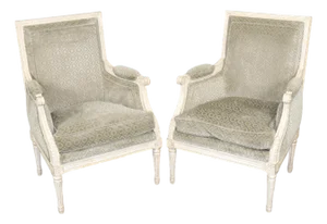 Pair Creme Distressed Painted French Louis XVI Bergere Chairs