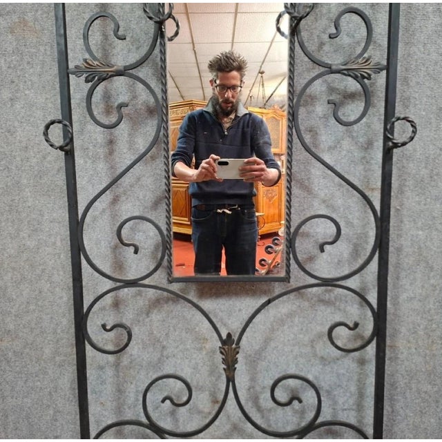 Wall-Mounted Coat Rack in Wrought Iron with Central Mirror For Sale - Image 3 of 10