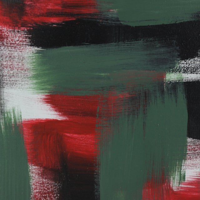 This vibrant abstract painting showcases bold brushstrokes and a dynamic interplay of colors and forms. The dominant hues...