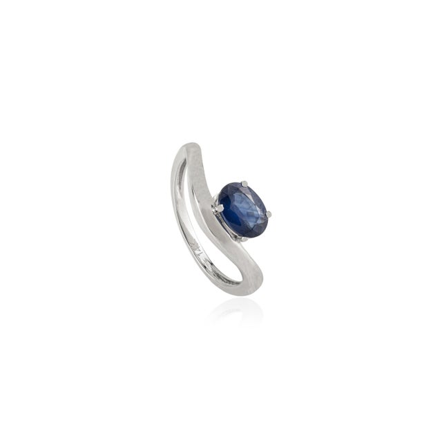 Mid-Century Modern Timeless 1.1 Ct Oval Blue Sapphire 14k White Gold Wave Ring for Her Size 5.5 For Sale - Image 3 of 14