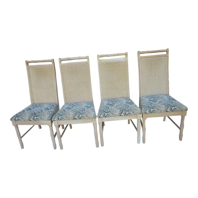 1980s Hollywood Regency Faux Bamboo Dining Four Chairs with Cane Backs - Set of 4 For Sale