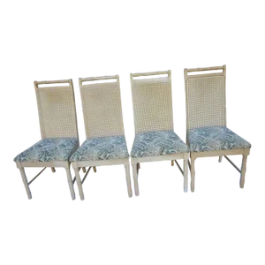 1980s Hollywood Regency Faux Bamboo Dining Four Chairs with Cane Backs - Set of 4
