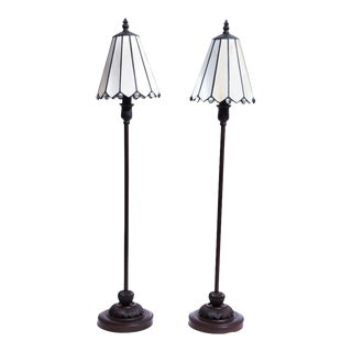 Vintage Art Nouveau Inspired Tall Slag Glass Buffet Table Lamps - a Pair For Sale