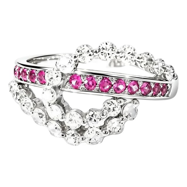 Late 20th Century Size 7 14K White Gold Diamond Pink Sapphire Swirl Band Ring For Sale