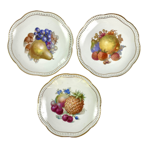 Early 20th Century Schumann-Reticulated,open Lattice, Hand Painted Porcelain, Fruit Plates -Set of 3