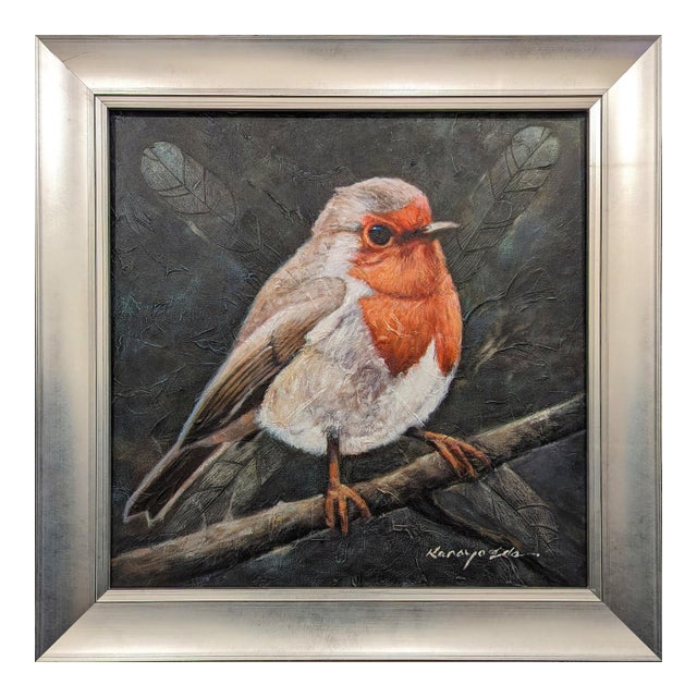 Framed Textured English Finch Bird Art Painting on Canvas. For Sale