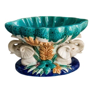 Vintage Majolica Pottery With Double Elephants Bowl For Sale