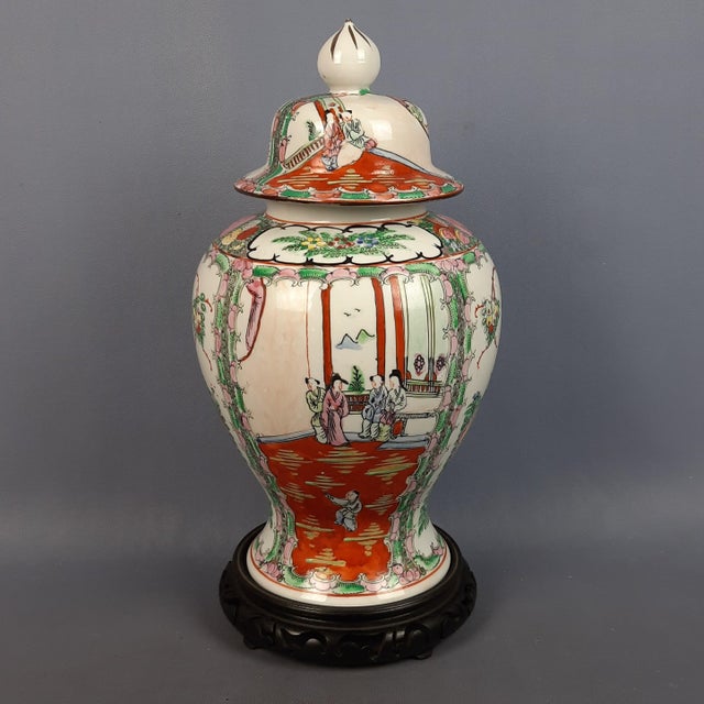 Vintage Hand-Painted Potiche Porcelain Vase with Wooden Base, 1950s For Sale - Image 16 of 16