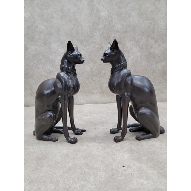 Vintage French Art Deco Style Bronze Egyptian Revival Cat Guardian Statues, Signed A. Tiot- Pair For Sale - Image 4 of 10