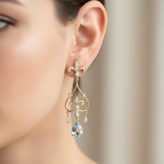 Fleur De Lis Chandelier Earrings Studs With Topaz in Silver, Gold, A Pair For Sale - Image 9 of 10