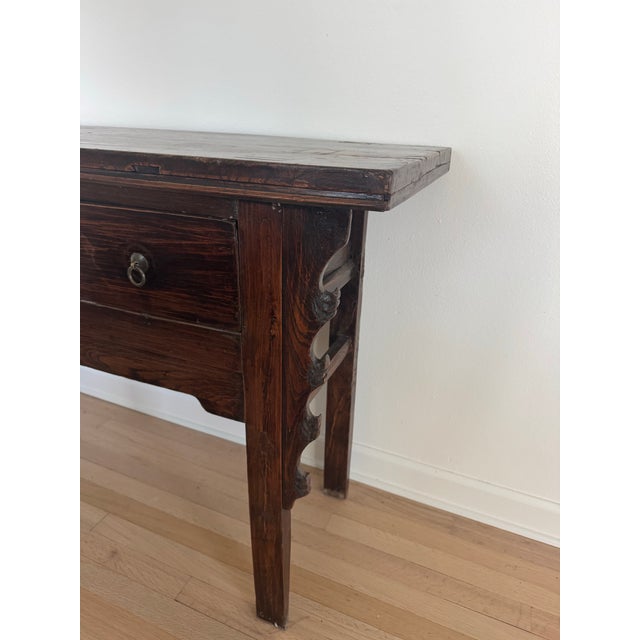 Old Chinese console/ altar table. 3 drawers, metal hardware, straight lines. Sturdy and versatile piece.