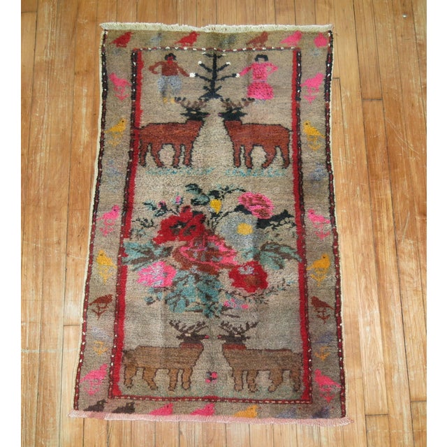 Folk Art Pictorial Animal Human Turkish Rug, Mid 20th Century - 2'2" x 3'6" For Sale - Image 3 of 6