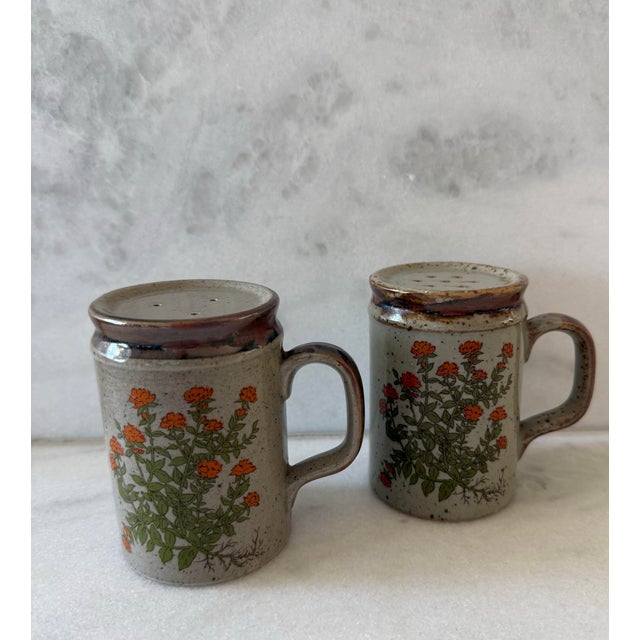 Pair of vintage stoneware salt and pepper shakers featuring a floral design. Made by Centerpoint circa 1970s.