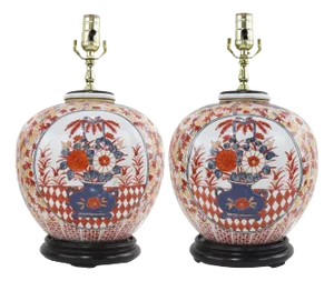 Pair of Imari Style Chinese Porcelain Table Lamps With Floral Vase Design