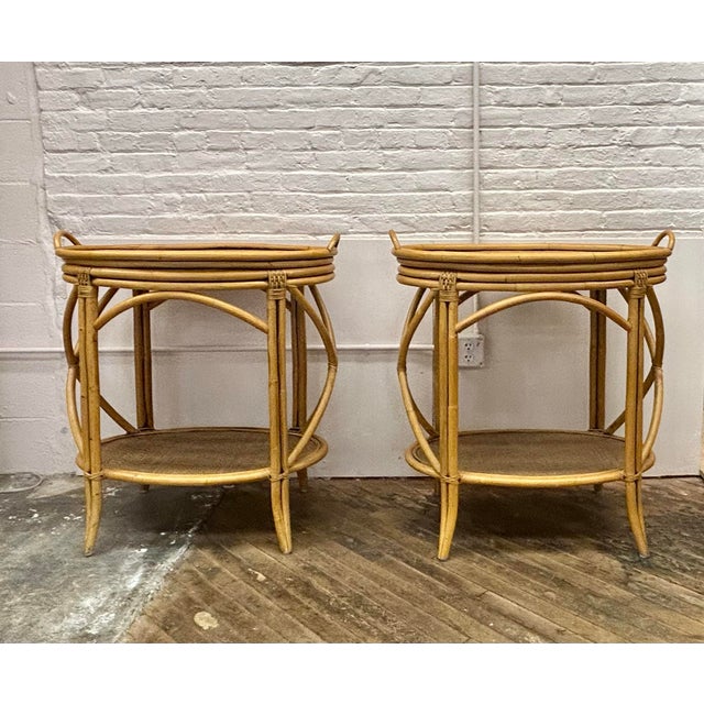 Wood A Pair of Vintage Mid 20th Century McGuire Coastal Bent Bamboo and Rattan Oval Bar Tables, With Removable Serving Trays. For Sale - Image 7 of 12