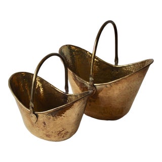 Vintage Art Nouveau Style Hammered Decorative Brass Helmet Coal Scuttle Bucket With Handle -A Pair For Sale