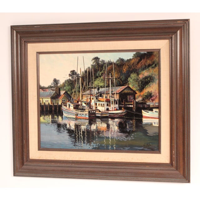 Painting of boats in Noyo Bay, California by Filastro Mottola (1915-2008). Oil on masonite. Frame dimensions, height...