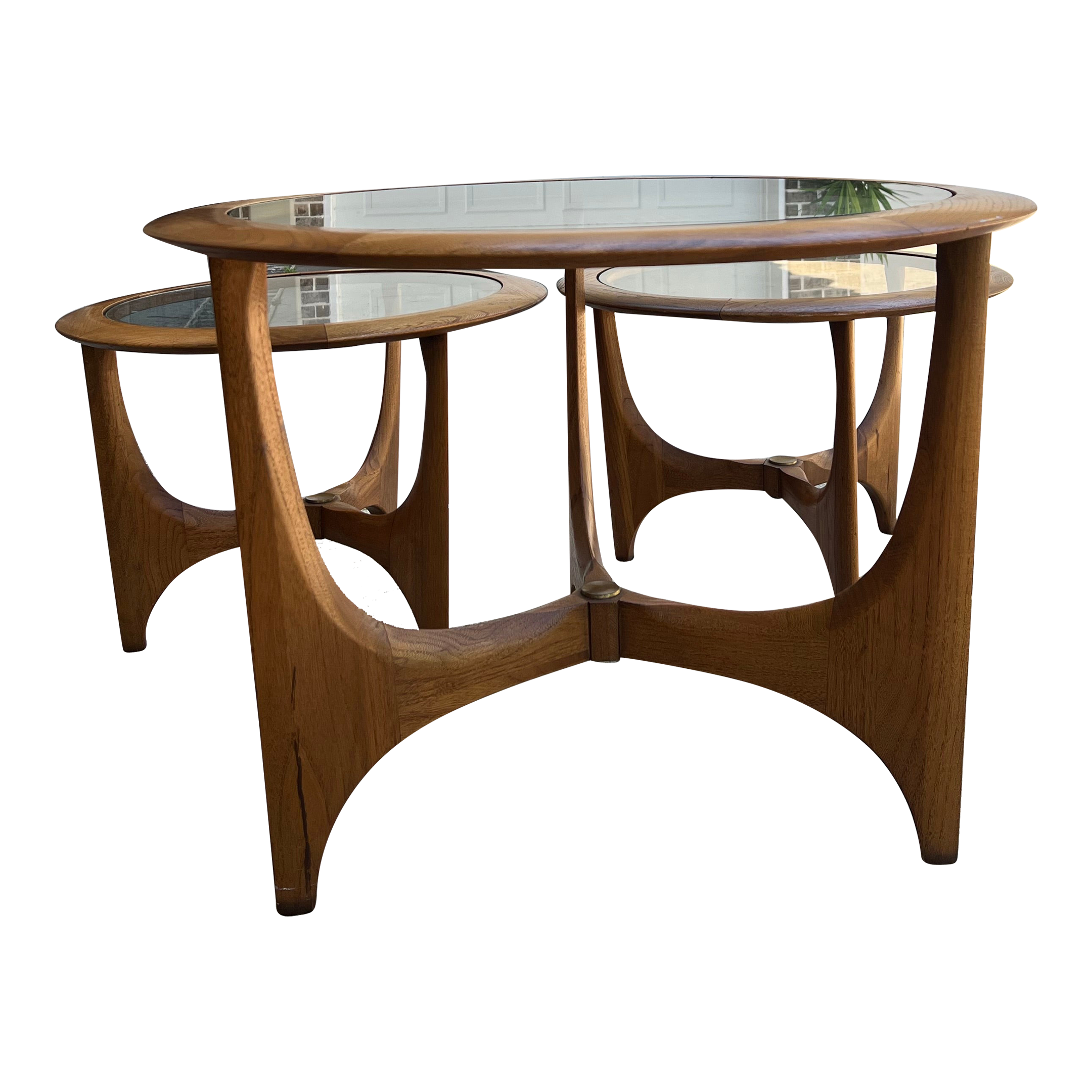 1960s Lane Tripod Trileged Round Beveled Glass Top Table Set of 3
