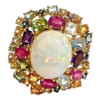 Bochic “Orient” Opal, Ruby & Sapphire Ring, Set 18K Yellow Gold & Silver For Sale