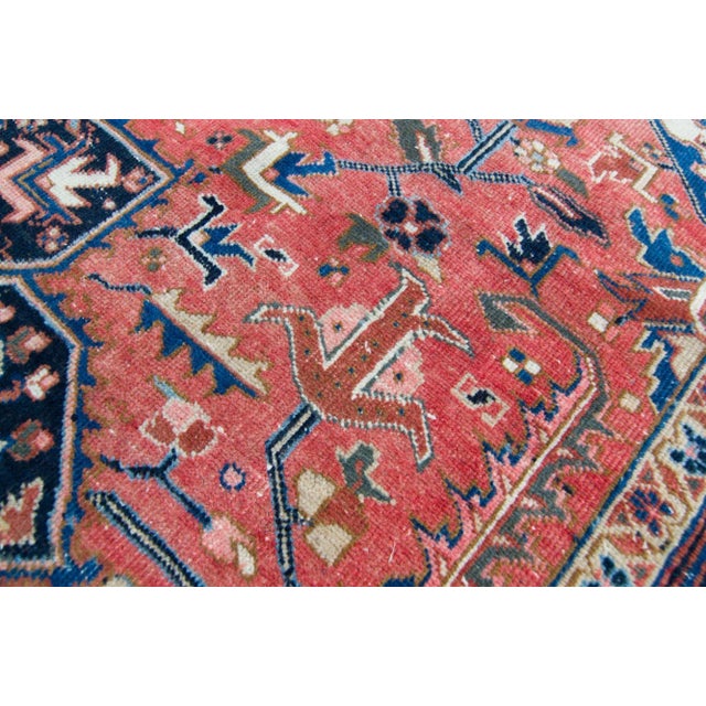 1930s Vintage Medallion Design Ink Blue Scarlet Red Low Pile Wool Hand-Knotted Rug - 7’5” X 10’7” For Sale - Image 10 of 10