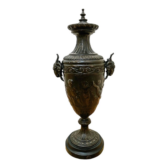 1940 French Black Spelter Ram Head Handles Urn For Sale