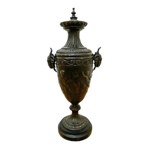 1940 French Black Spelter Ram Head Handles Urn