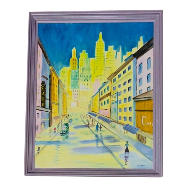 1970s Whimsical Mid-Century Modern Cityscape Painting in Lavender Frame For Sale
