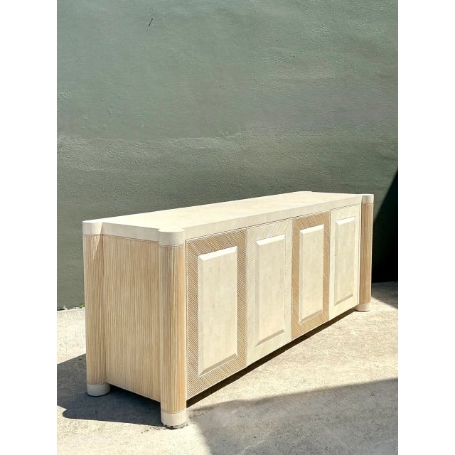 Vintage Washed Pencil Reed Credenza With Travertine Top For Sale In West Palm - Image 6 of 12