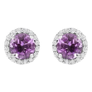 10K White Gold Purple Amethyst and 1/6 Cttw Diamond Halo Stud Earring For Sale