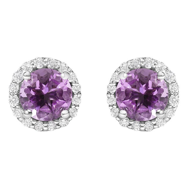 10K White Gold Purple Amethyst and 1/6 Cttw Diamond Halo Stud Earring For Sale