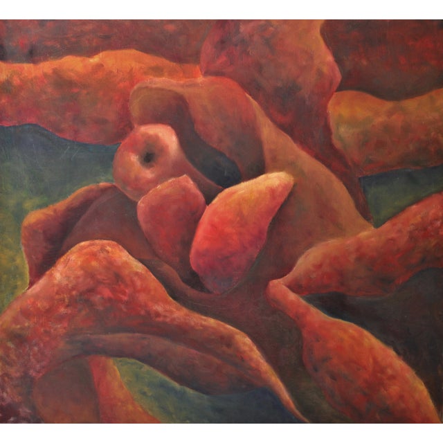 Mid Century Modern abstract oil painting featuring a unique composition of an abstracted peeled or unraveled fruit. It...