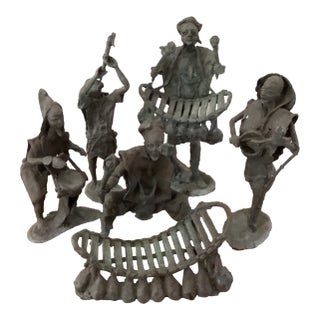 Antique Ashanti Figural Bronze Musicians Group Sculptures Deep Verdigris 6 Pieces For Sale