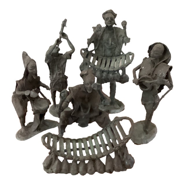 Antique Ashanti Figural Bronze Musicians Group Sculptures Deep Verdigris 6 Pieces For Sale
