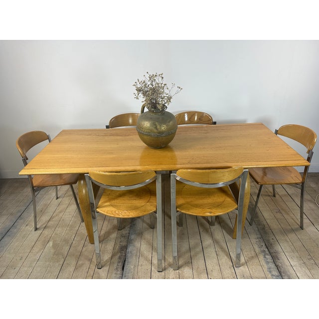 1980s Vintage Table and Chairs in Elm and Chrome Steel, 1980s, Set of 7 For Sale - Image 5 of 15